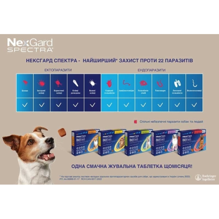 Nexgard Spectra (Нексгард Спектра) - Пігулки проти бліх, кліщів і гельмінтів для собак (1 пігулка)