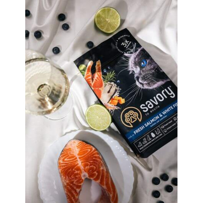 Savory Adult Cat Gourmand Fresh Salmon and White Fish for adult cats with fresh salmon and white fish