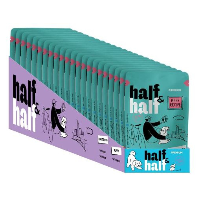 Корм вологий Half and Half, Beef in Gravy for Adult Dogs, шматочки яловичини в соусі для дорослих собак, 100 г