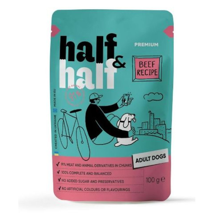 Корм вологий Half and Half, Beef in Gravy for Adult Dogs, шматочки яловичини в соусі для дорослих собак, 100 г