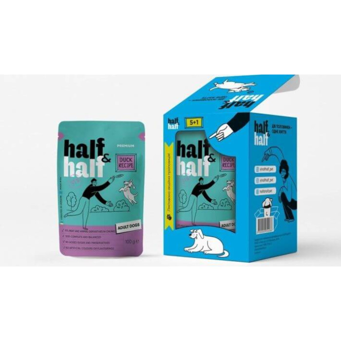 Half and Half "5+1" wet food set for adult dogs, pieces with duck in sauce, pouches, 6 pcs*100 g