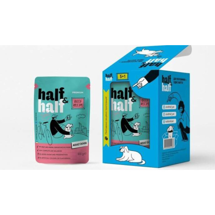Half and Half "5+1" wet food set for adult dogs, pieces with beef in sauce, pouches, 6 pcs*100 g