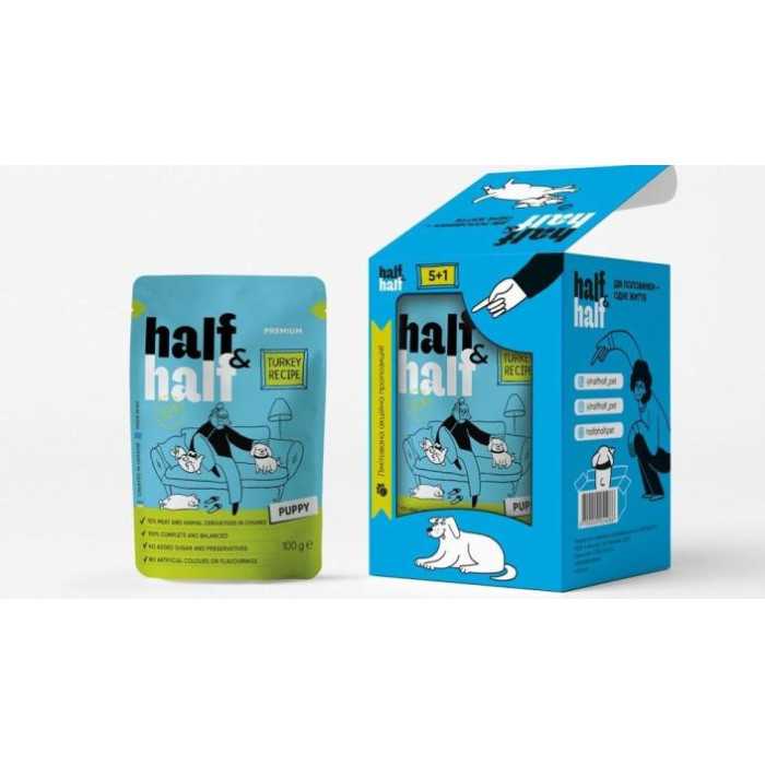 Набор влажных кормов Half and Half "5+1" для щенков, кусочки с индейкой в ​​соусе, паучи, 6 шт*100 г